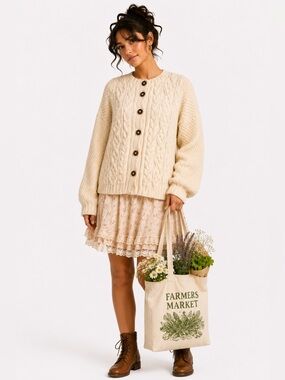 Vintage Hand Knit Cream Wool Fisherman Cardigan Sweater M/L Cottagecore